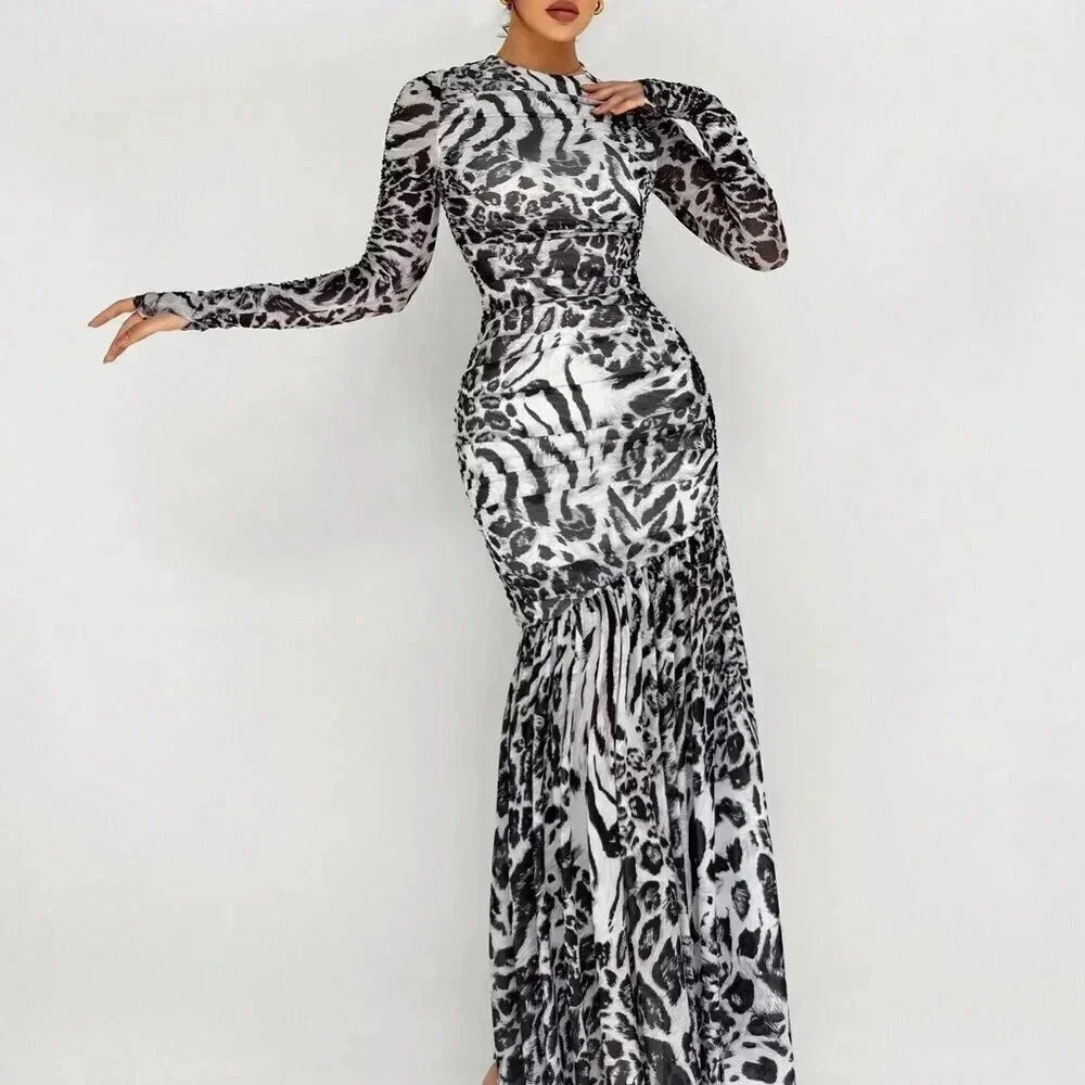 Grey Elegant Women's Mesh Leopard And Zebra Print Asymmetrical Hem Long Dress